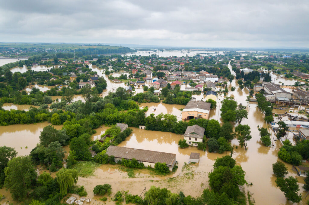 aerial view of severe flooding